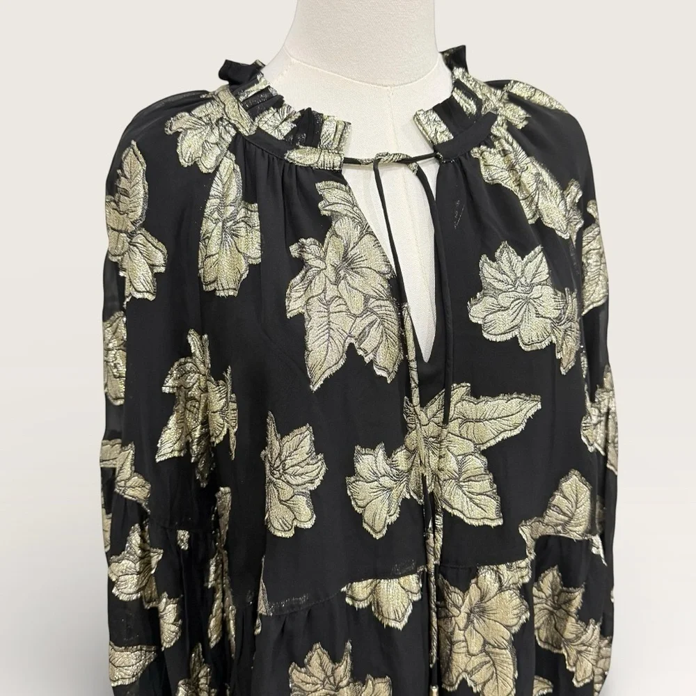 Tommy Bahama Shimmering Shores Long Sleeve Tiered Shift Dress Black Gold NWT